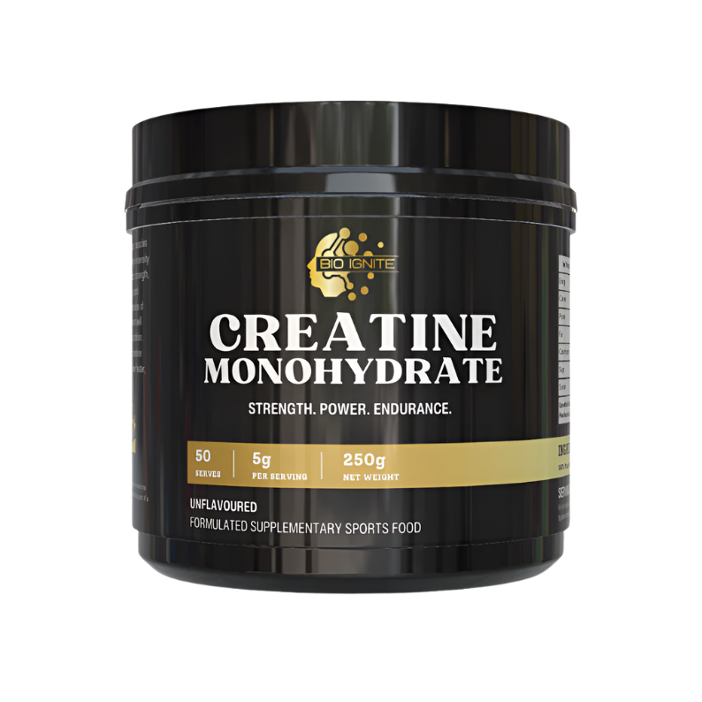 A black plastic tub of Creatine Monohydrate with the label showing the product name and its features such as '5g per serving', '250g', and 'Unflavored'.