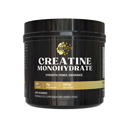 A black plastic tub of Creatine Monohydrate with the label showing the product name and its features such as '5g per serving', '250g', and 'Unflavored'. 